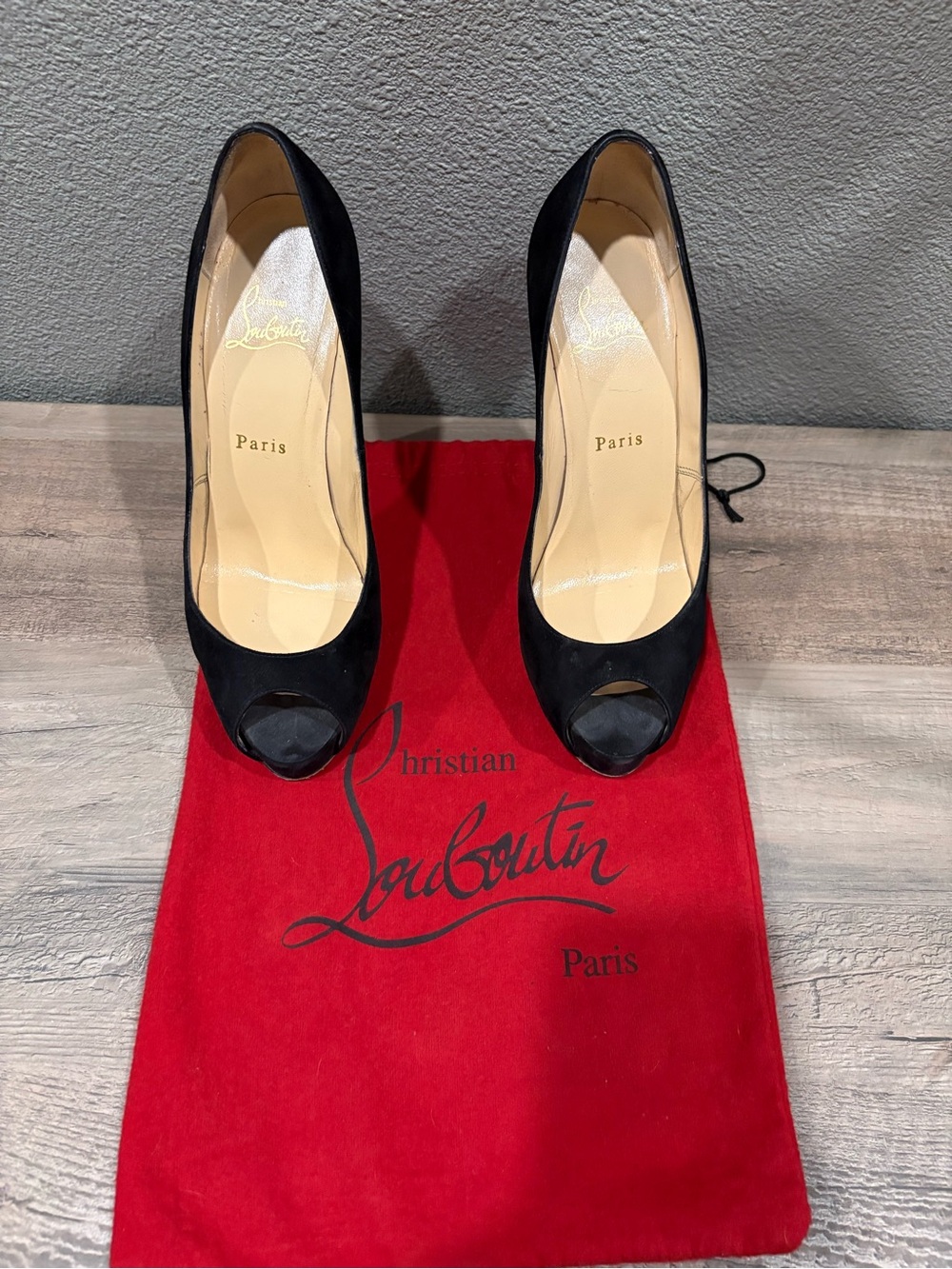 Christian Louboutin Black Peep-Toe Suede Pumps